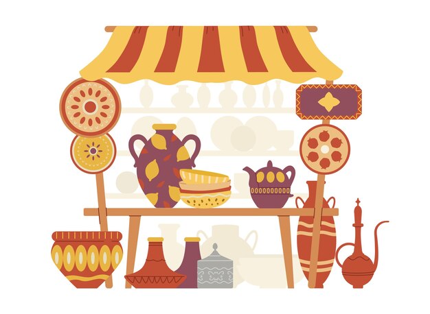 Vector middle eastern pottery street stall with awning