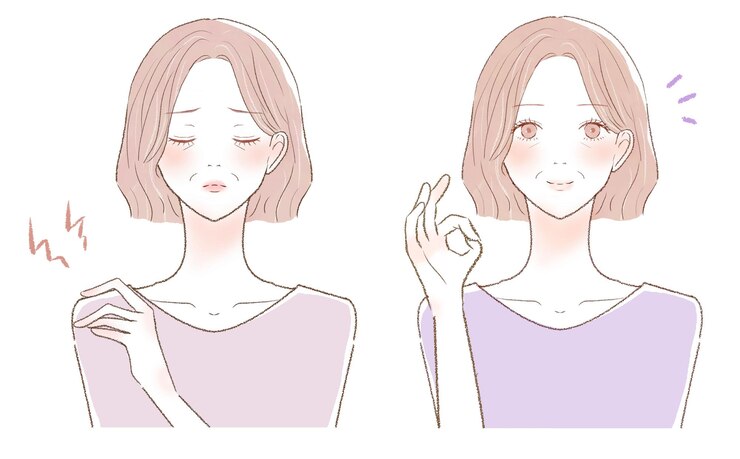 Vector 肩こりに悩む前後の中年女性。白い背景に。