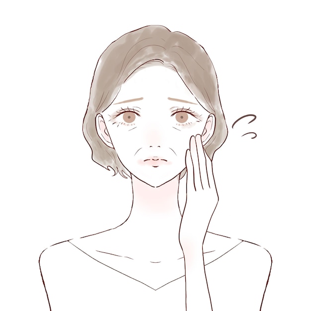 Middle-old woman suffering from makeup collapse. On a white background.