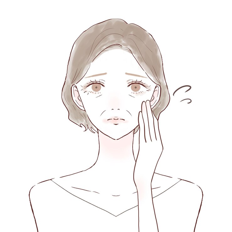 Vector 化粧崩壊に苦しんでいる中年の女性。白い背景に。