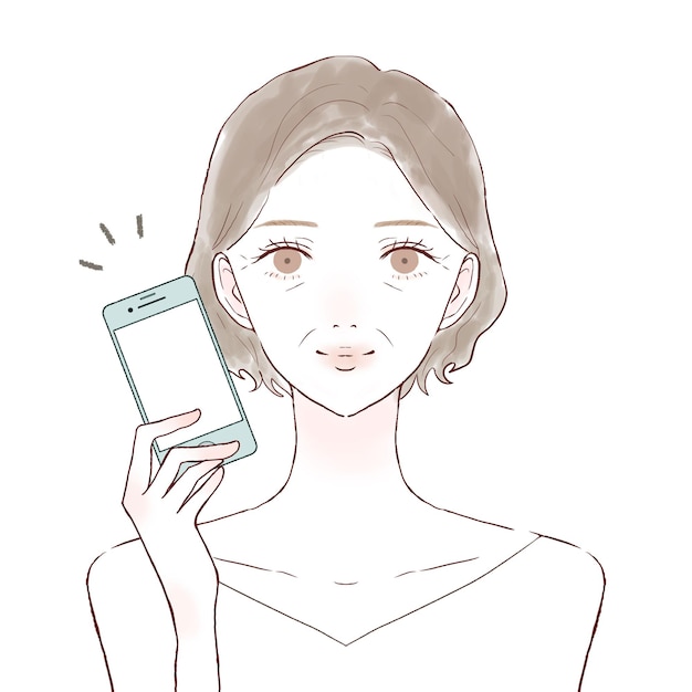 Donna di mezza età con smartphone. su uno sfondo bianco.
