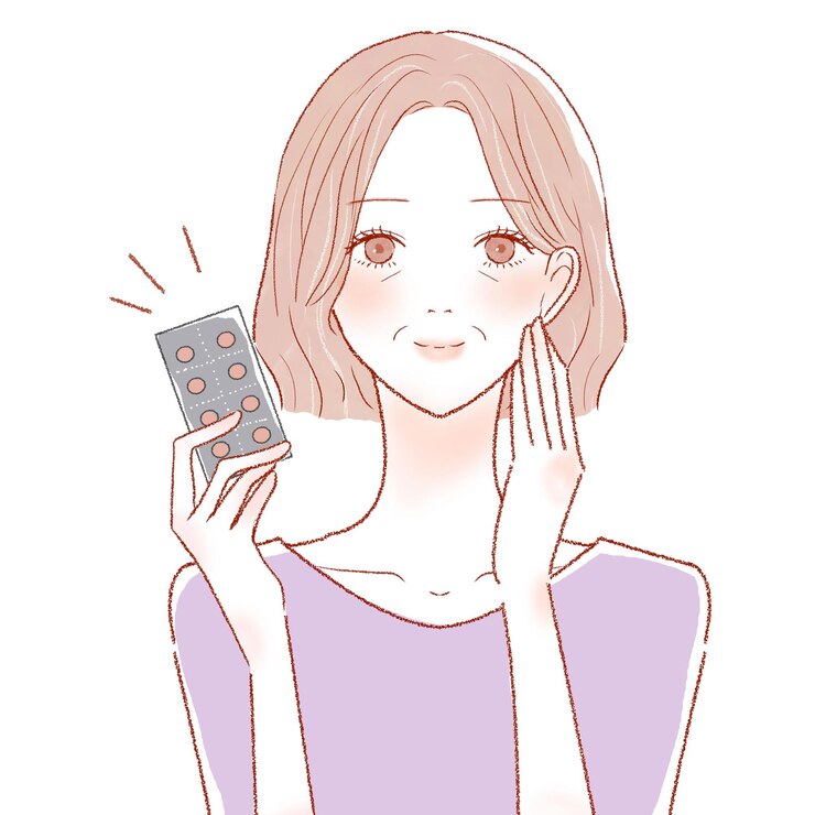 Vector タブレットタイプのサプリメントを持つ中年の女性。白い背景に。