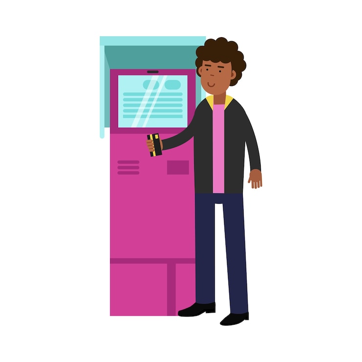 Vector middleaged african man wearing suit standing next to atm vector illustration
