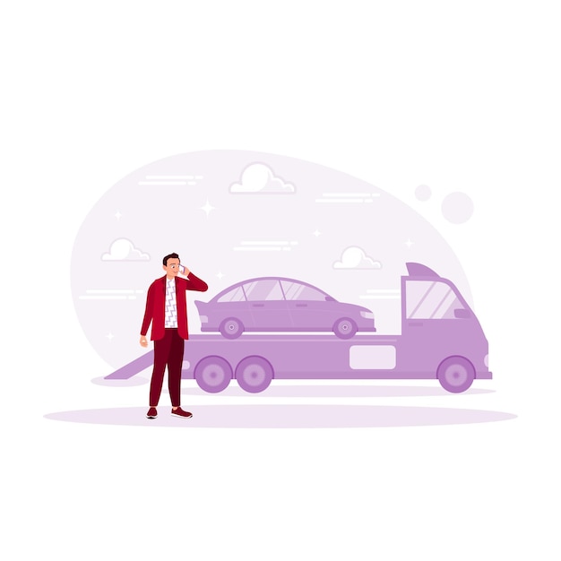 Vector middleaged businessman waiting for towing service to help break down the car roadside assistance