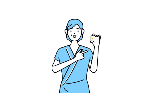 Vector middleaged and senior female admitted patient in hospital gown recommending credit card payment
