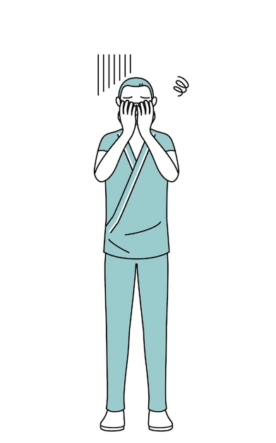 Middleaged and senior male admitted patient in hospital gown covering his face in depression