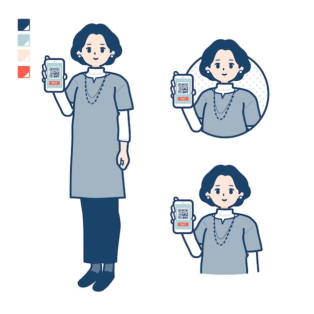 Middleaged woman in a tunic with cashless payment on smartphone images