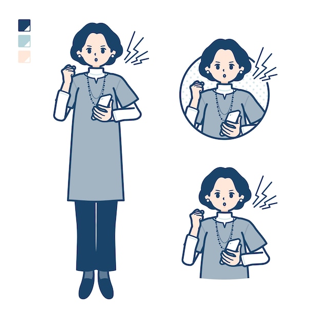 Middleaged woman in a tunic with Holding a smartphone and anger images