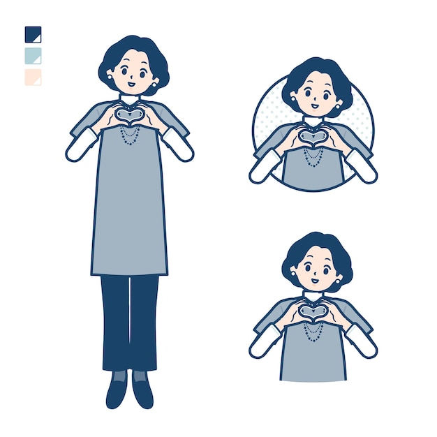 Middleaged woman in a tunic with making a heart symbol by hand images