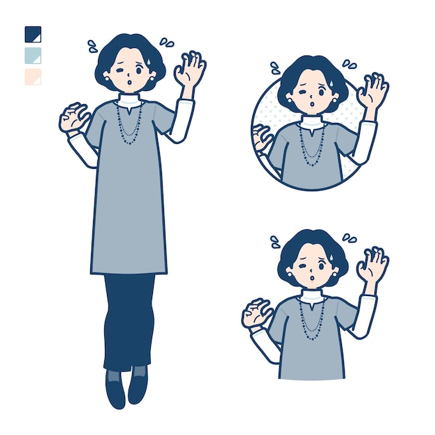 Middleaged woman in a tunic with panic images