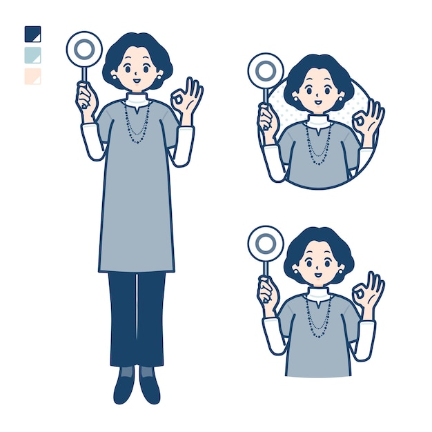 Middleaged woman in a tunic with Put out a circle panel images