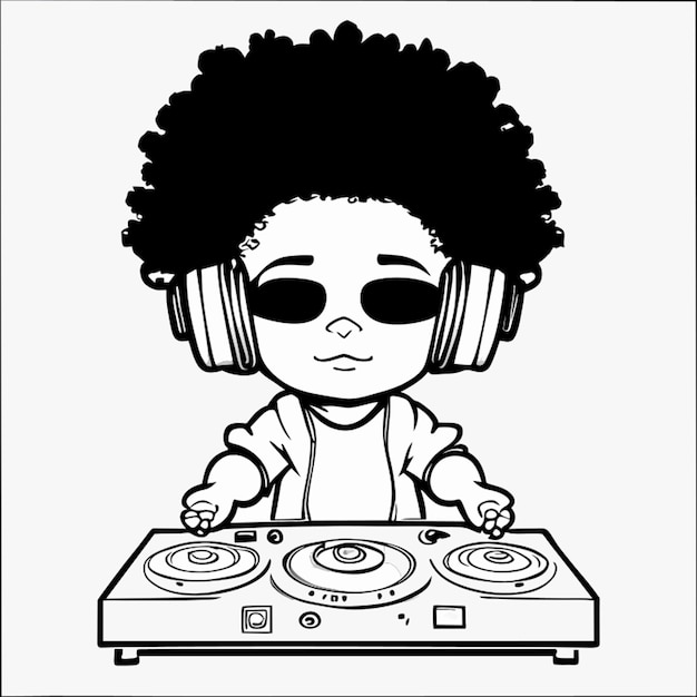 小人のディージェイのキャラクターの詳細な目、詳細な DJ ターンテーブル リグを保持している現実的な人間の目