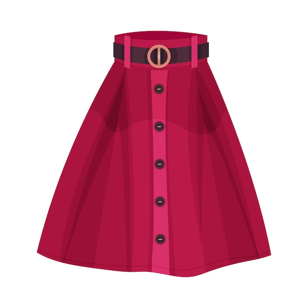 Midi Red Buttoned Flared Skirt met riem en hoge taille geïsoleerd op witte achtergrond Front View Vector Illustration