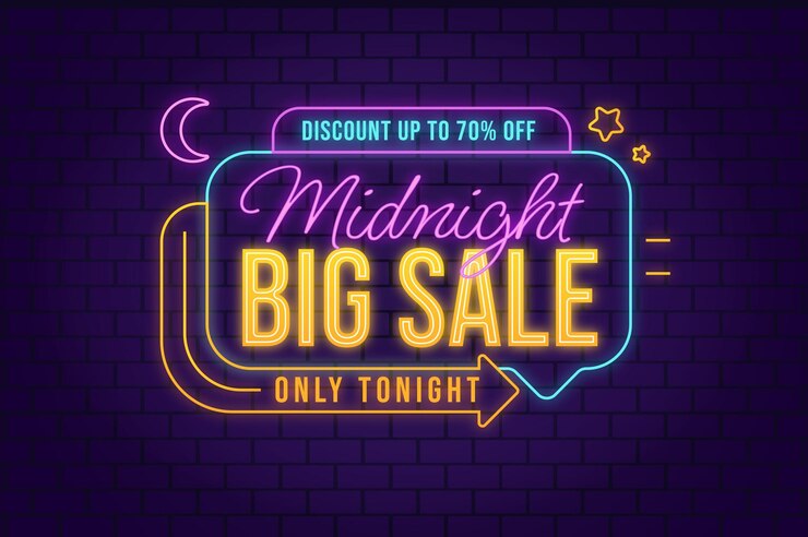 Midnight big sale promotion neon banner background