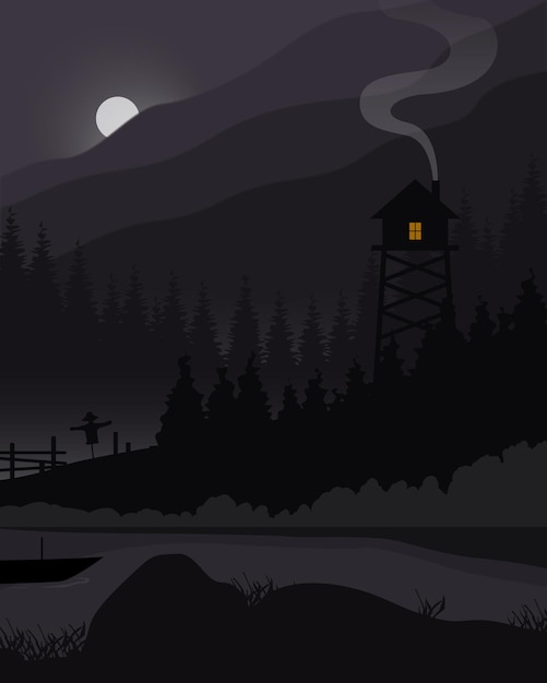 Midnight landscapes, watch tower, lake and boat