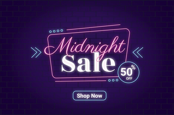 Midnight sale promo banner neon