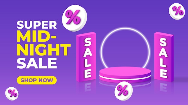 Midnight sale promotion banner template with realistic product display podium