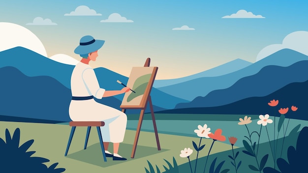 Vector in the midst of a calming wildflower meadow a wise old woman sits on a worn canvas chair her