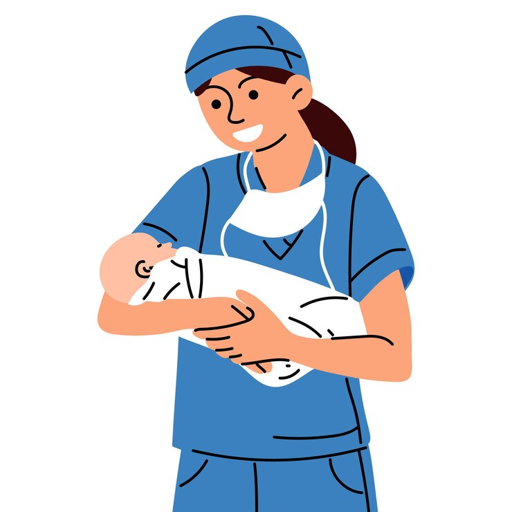 Vector midwife doctor with the concept of a newborn woman nurse doctor or midwife smiles in a blue uniform