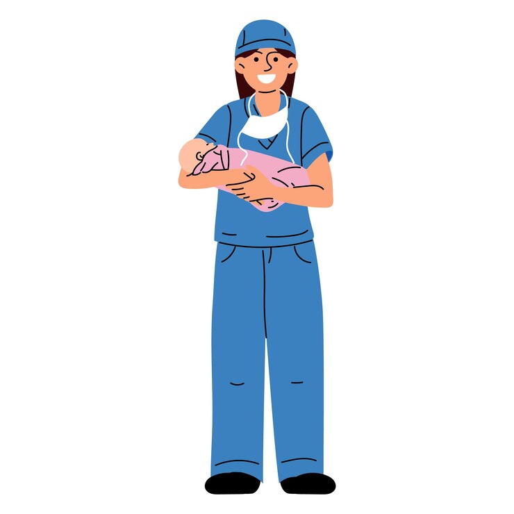 Vector midwife or a doctor with a newborn a woman nurse doctor or midwife smiles in a blue uniform standing