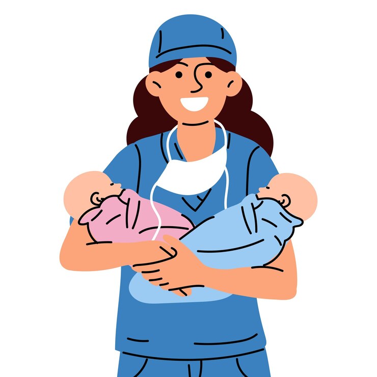 Vector midwife or a doctor with newborns woman nurse doctor or midwife smiles in a blue uniform holding