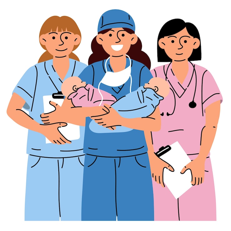 Vector midwives medical workers who hold babies documents medical uniforms nurses children in blue pink
