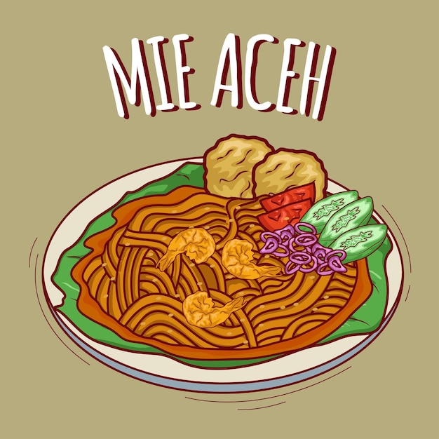 Illustrazione di mie aceh cibo indonesiano con stile cartone animato