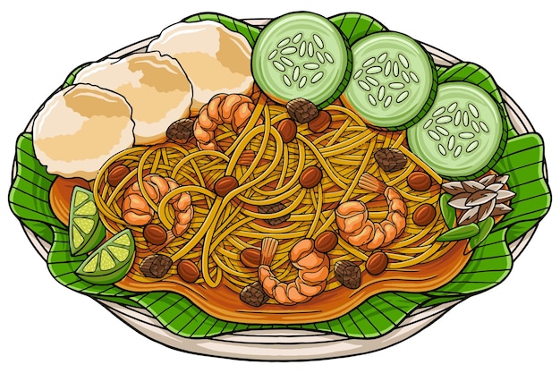 Mie Aceh uit Aceh, Indonesië in platte ontwerpstijl