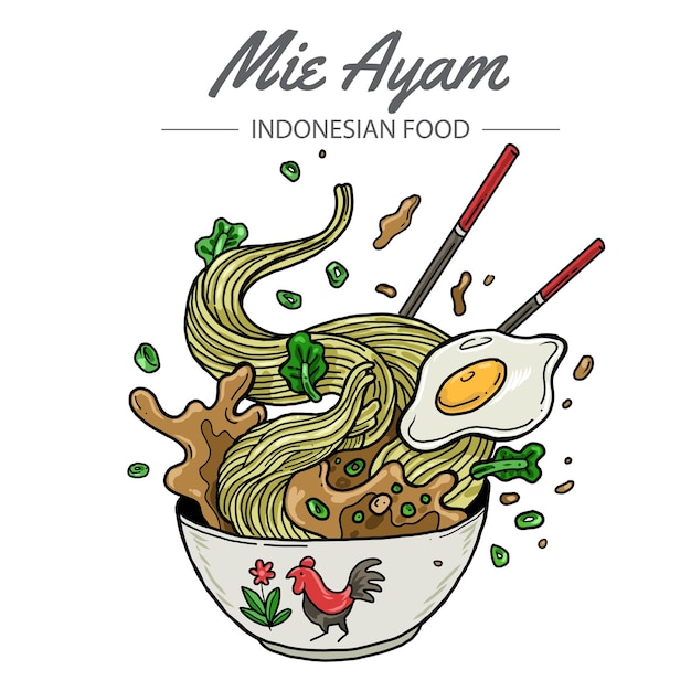 Vector mie ayam is een traditionele indonesische kipnoedel vectorillustratie van een kom met kip