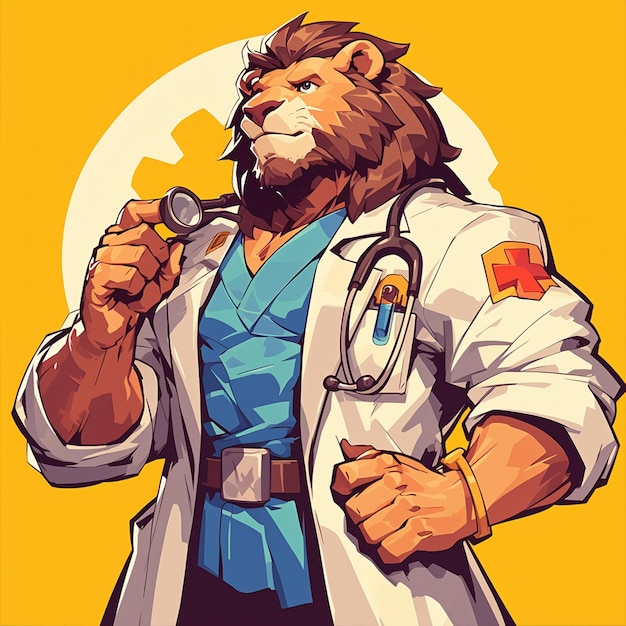 A mighty lion doctor cartoon style