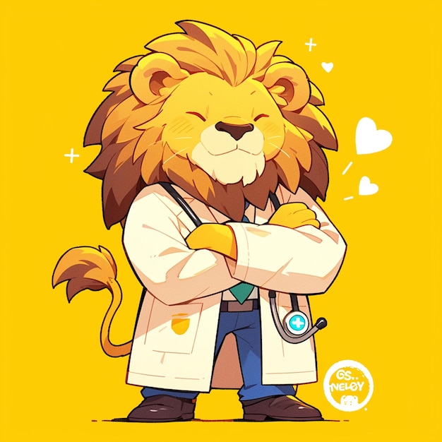 A mighty lion doctor cartoon style