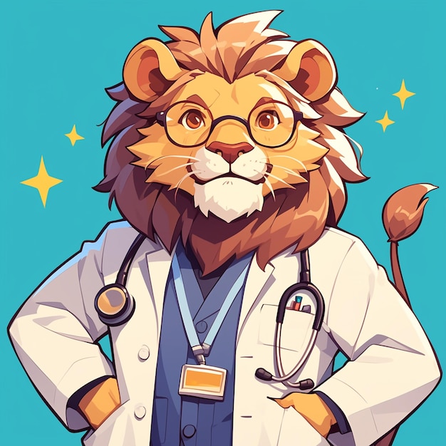 A mighty lion doctor cartoon style