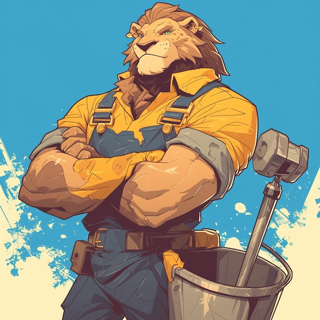 A mighty lion laundry worker cartoon style
