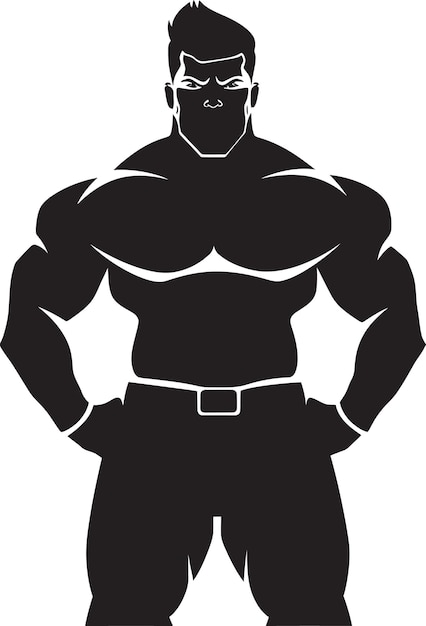 Mighty muscle marvel vector black logo icon of caricature bodybuilder robust muscle resilience cari