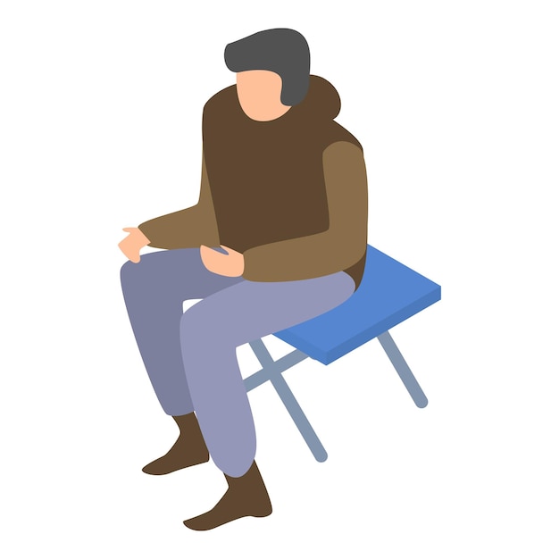 キャンプ椅子アイコン上の移民男性白い背景で隔離の web デザインのキャンプ椅子ベクトル アイコン上の移民男性の等尺性