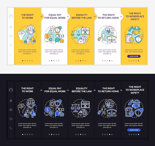 Migrant workers rights onboarding template. Responsive mobile website with icons