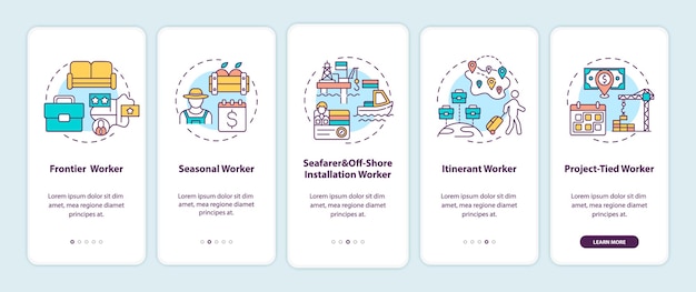 Migrerende werknemers typen onboarding mobiele app-paginascherm met concepten. immigranten doorlopen grafische instructies in 5 stappen.