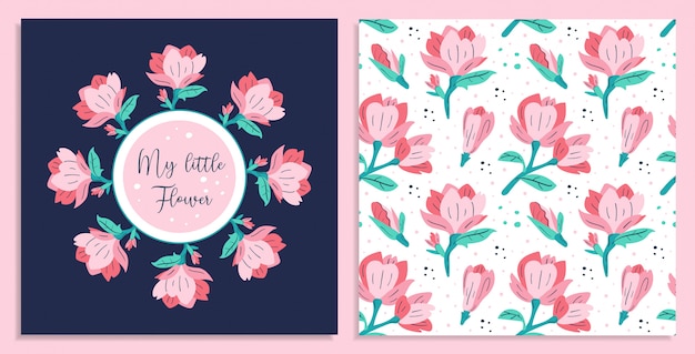 Mijn kleine bloem. kleine roze magnolia bloemen kaarten.