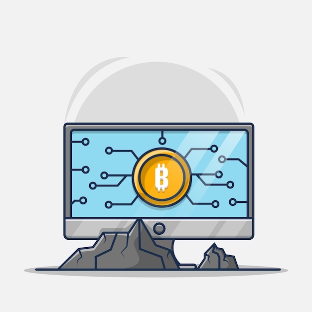 Mijnbouw bitcoin op laptop cartoon afbeelding