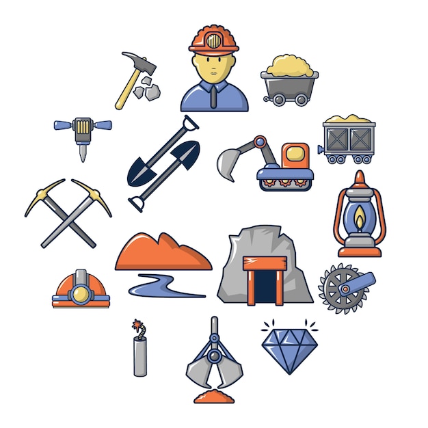 Mijnbouw mineralen zakelijke icon set, cartoon stijl