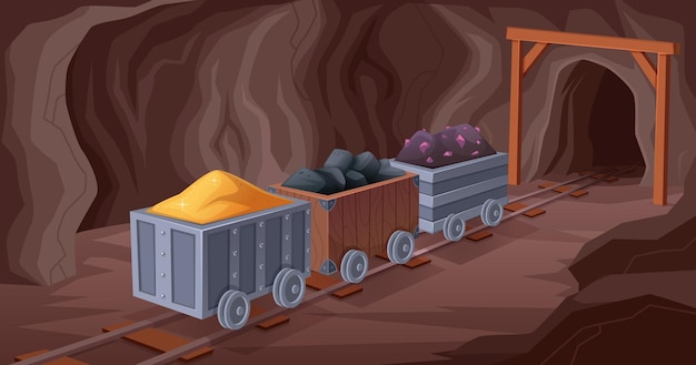 Vector mijnbouwachtergrond natuurstenen diamanten en mijnbouwmiddelen in trolleykar exacte vector gekleurde sjabloon illustratie van steenrots en natuurlijke ingots