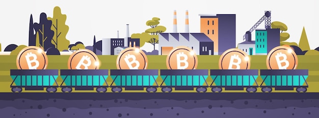 Mijnkar op rails met bitcoins blockchain cryptocurrency mining concept industrieel panorama