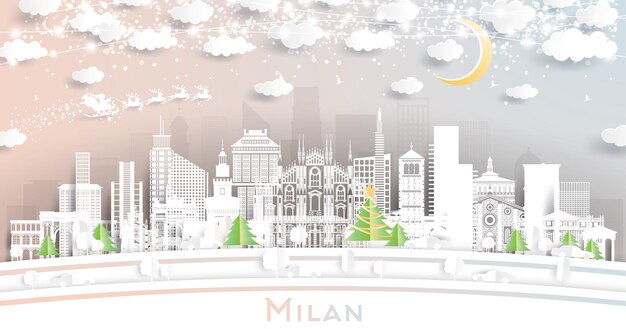 Milaan Italië City Skyline in Paper Cut Style met Sneeuwvlokken Maan en Neon Garland