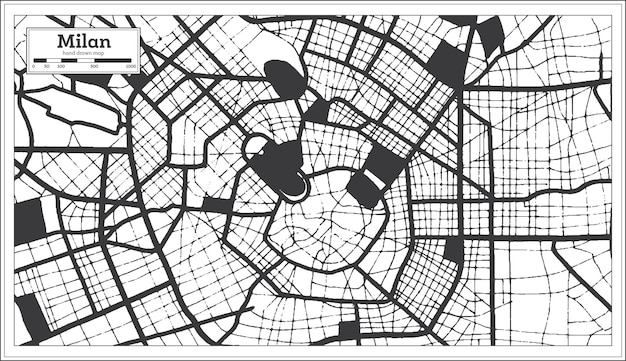 Milaan Italië stadsplattegrond in zwart-witte kleur in retro-stijl overzichtskaart