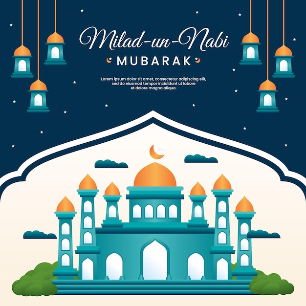 Milad un nabi mubarak festival greeting with mosque background