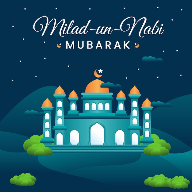 모스크 배경으로 인사하는 밀라드 운 나비 무바라크 축제