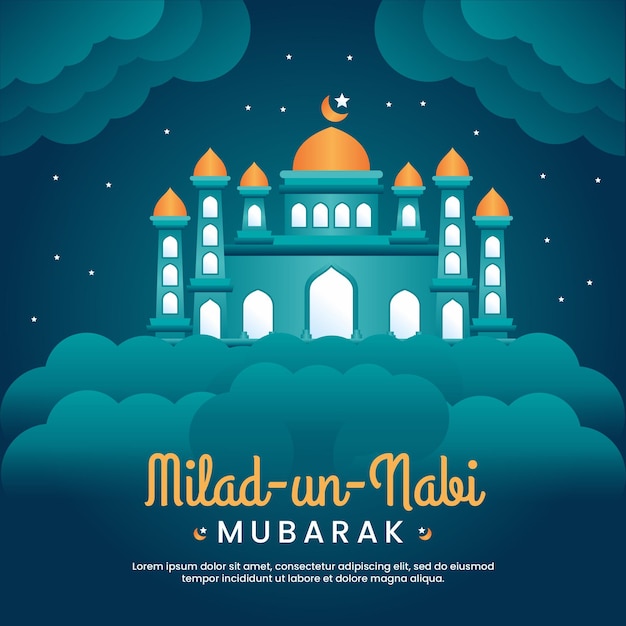 Milad un nabi mubarak festival greeting with mosque and sky background