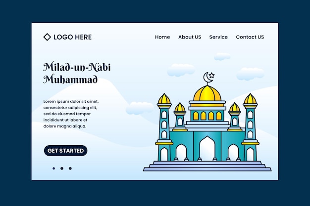 Milad un nabi mubarak festival landing page template with mosque background