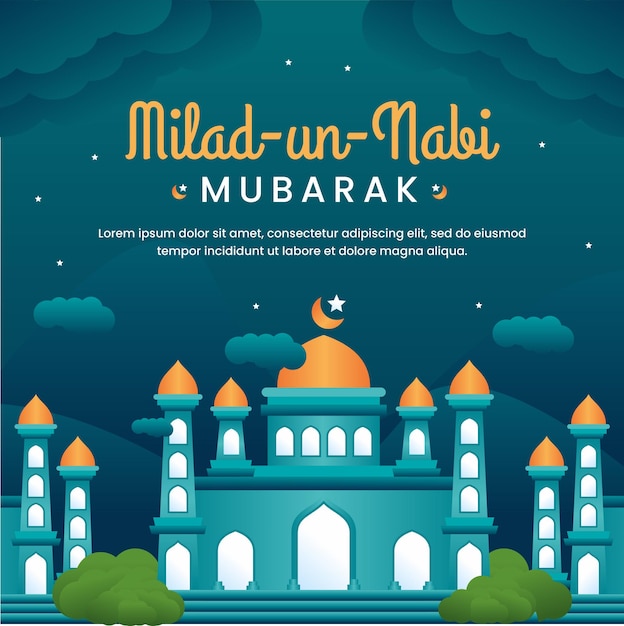 Milad un nabi mubarak festivalgroet met moskee en hemelachtergrond