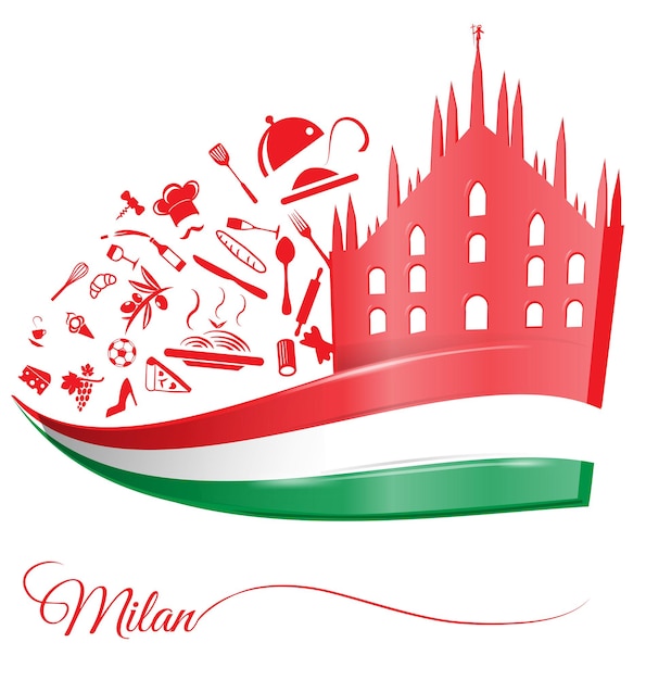 イタリア国旗に食べ物の要素を持つミラノ大聖堂